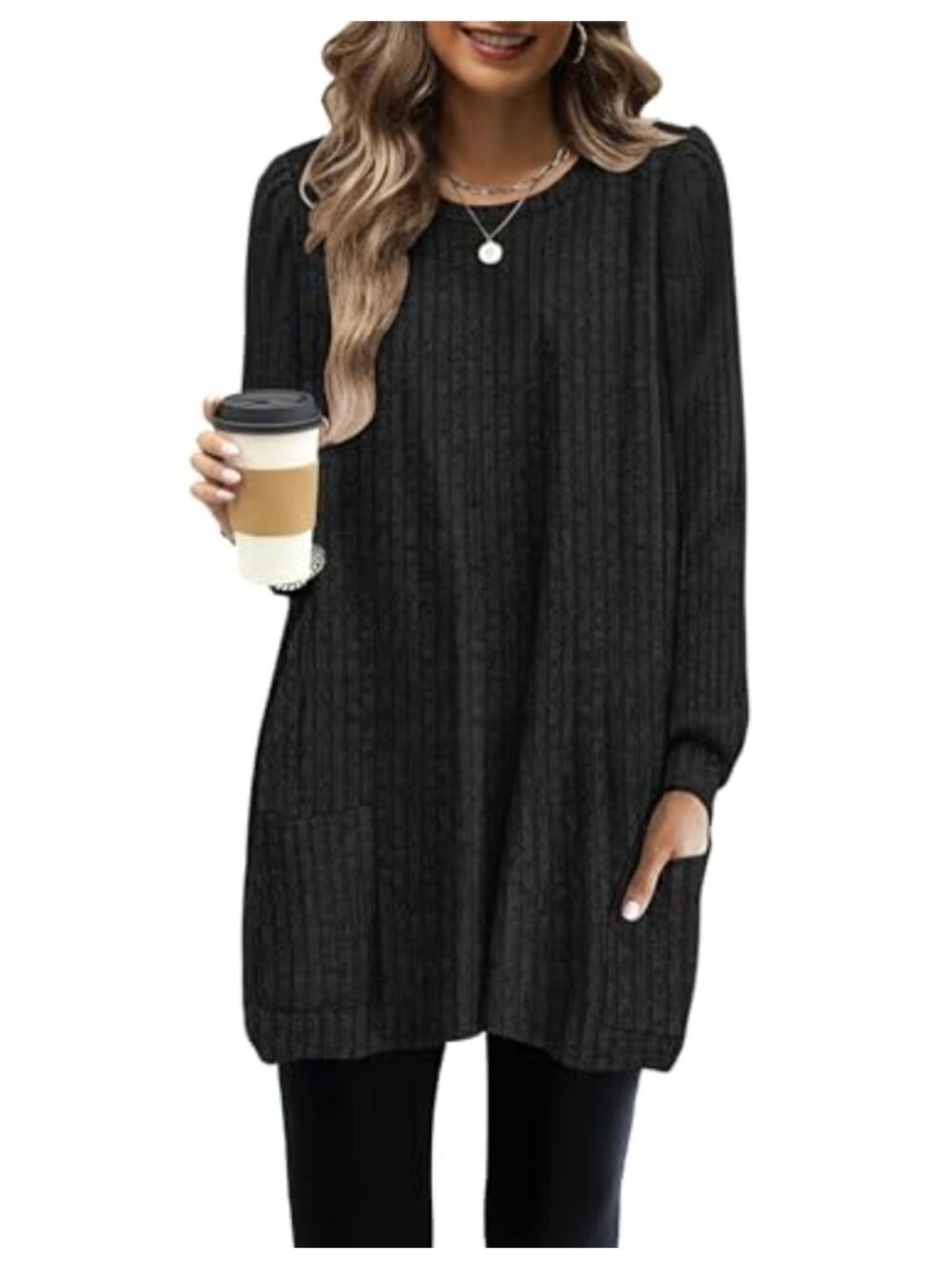 WNEEDU Women's Long Sleeve Tunic Sweater Dress with Pockets Striped
